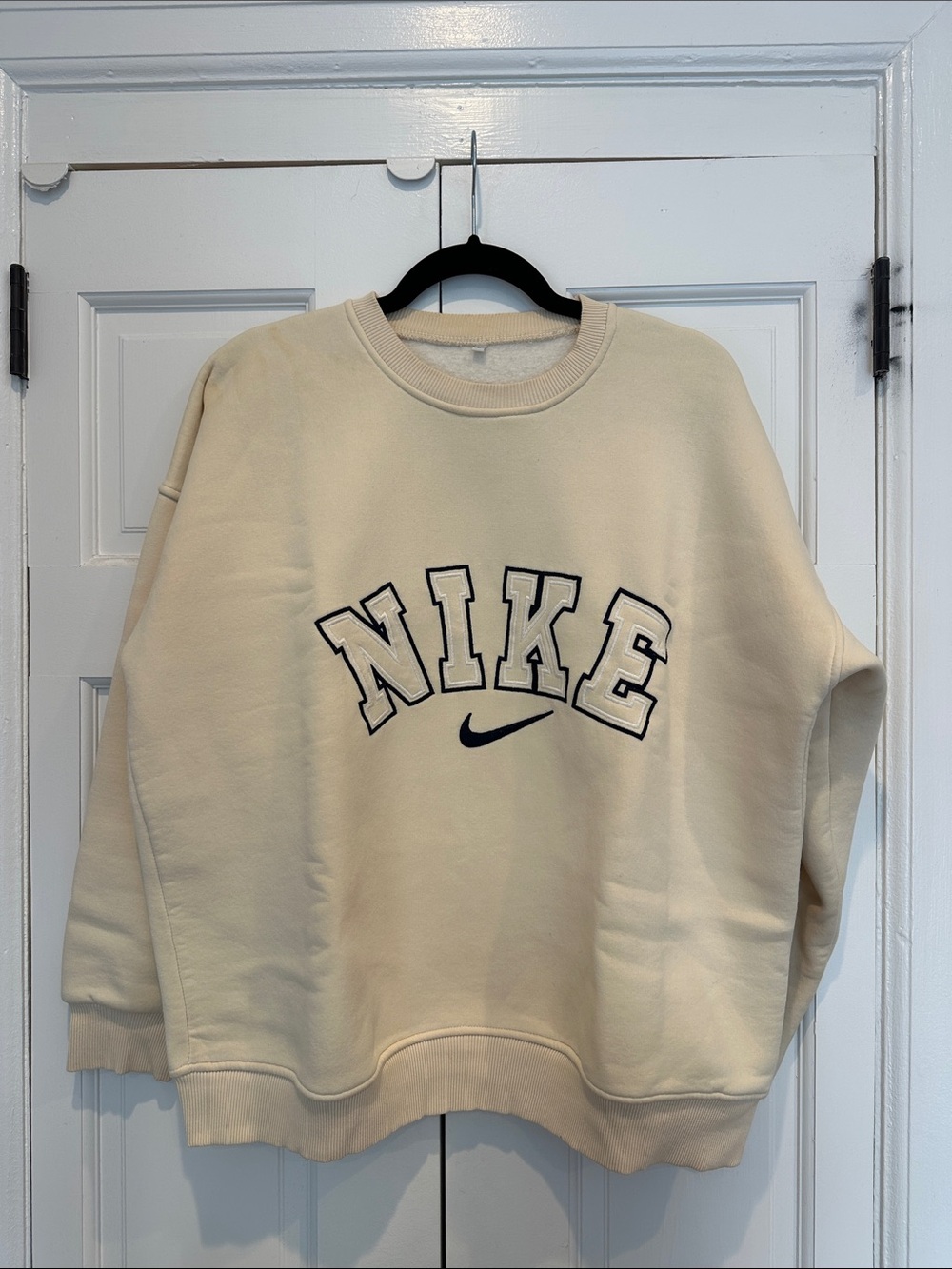 Nike Women's Cream Crewneck Sweatshirt with Navy Logo